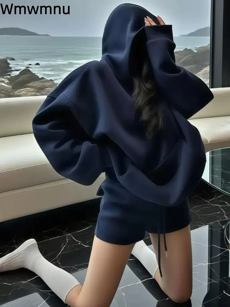 

Мешковатые спортивные штаны с капюшоном, комплект из 2 предметов, женские повседневные корейские модные спортивные шорты Conjuntos, эластичные свободные шорты на шнурке, брюки, ансамбль