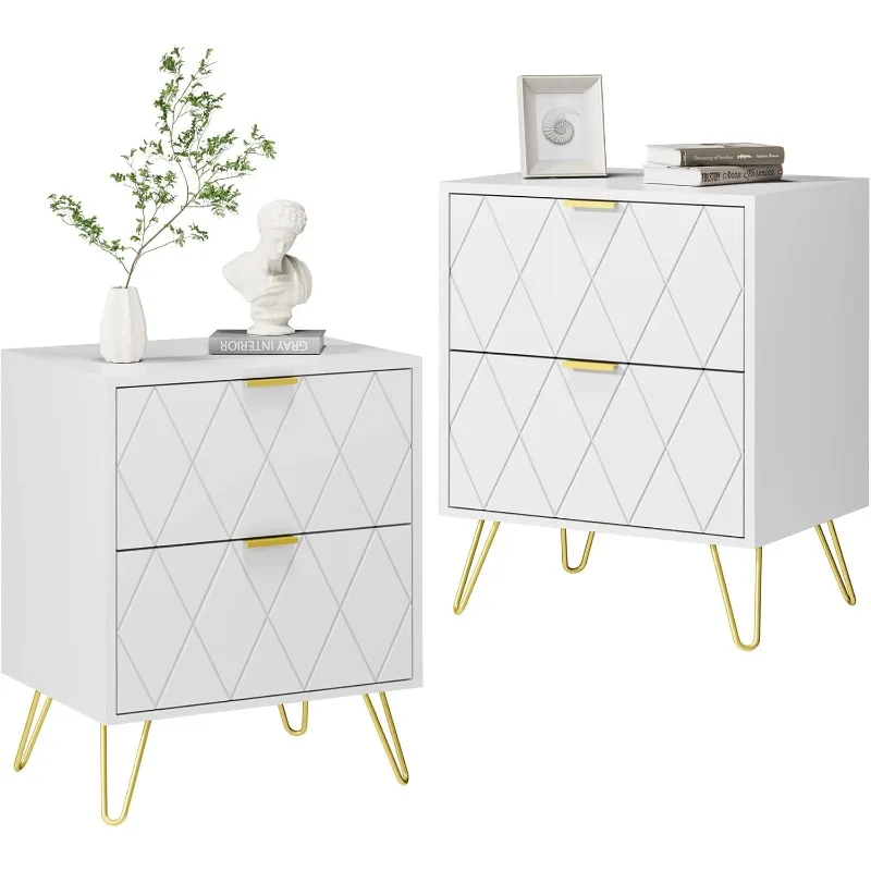 

Белая тумбочка, набор из 2 шт., двуспальный торцевой столик, прикроватная тумбочка с 2 ящиками, двойная прикроватная тумбочка с металлическими золотыми ножками для кровати