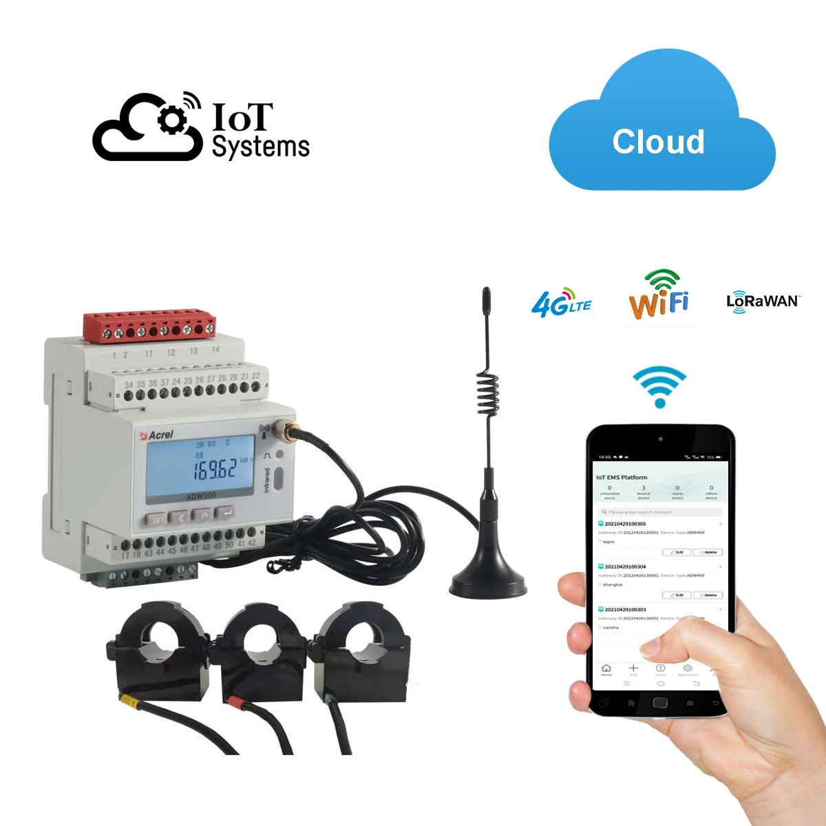 ADW300 Acrel Wifi/4G/Lorawan MQTT IoT Smart Energy Meter 3 Phase Digital Kwh Power Analyzer with 3 Cts Rated Max 100A Input