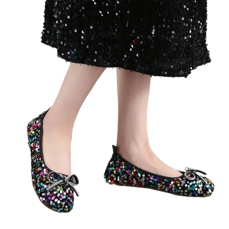 

Spring New Round Toe Bowtie Female Fashion Brand Dress Zapatillas Mujer 2026 Women Bling Flats Casual Walking Shoes