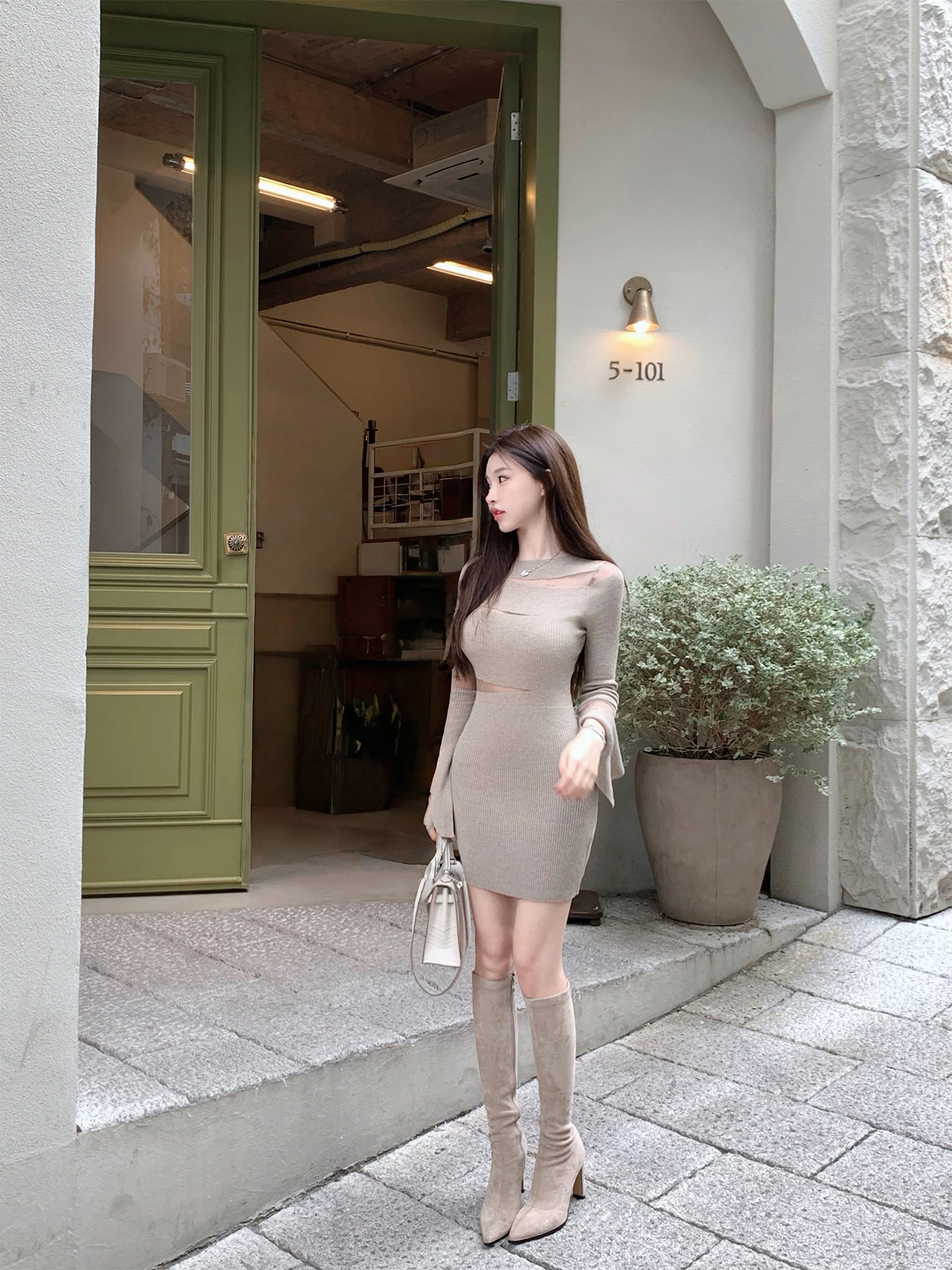 

XiaoLan Classmate Light Brown Long Sve Knitted Dr Women's Bodycon Skirt Wrap around Autumn Winter Sexy Par Dr