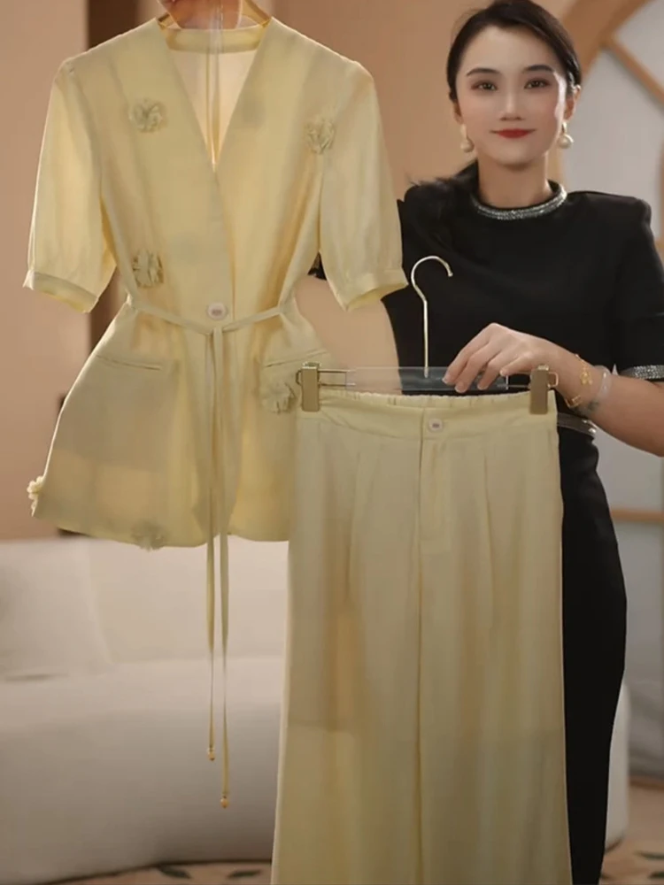 

Лето 2029, новинка, женский костюм для тяжелой промышленности, трехмерный цветок для похудения, широкие брюки с короткими рукавами, комплект для поездок на работу