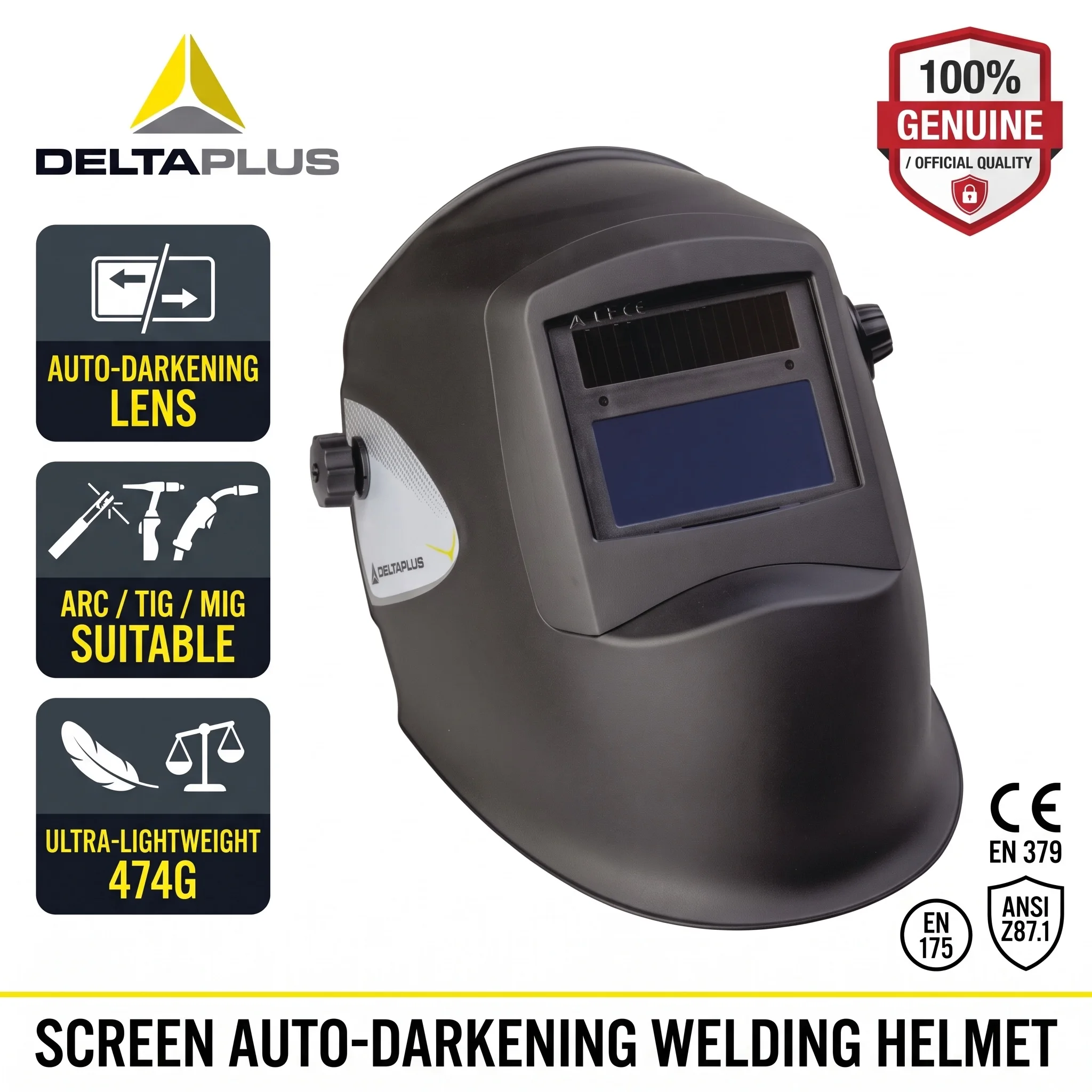 Deltaplus 101132 Auto Darkening Welding Helmet DIN 9-13 Solar Powered Arc MIG TIG MMA Mask Protective Care Shield EN379