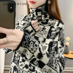 Fashion New Autumn Winter Loose Long Sleeves Turtleneck Pullover Tops Women's New Fashion Cartoon Sweater Jacket Tops For Ladies