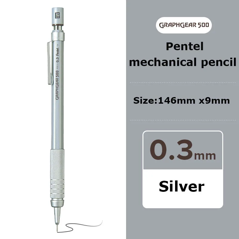 Pentel Graphgear 500 Drafting Druckbleistift Japan Briefpapier 0,3/0,5/0,7/0,9 mm Zeichnung Automatischer Bleistift Eingebauter Radiergummi