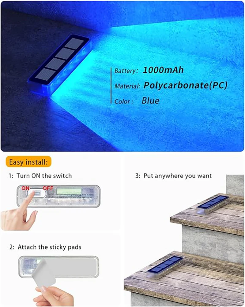 Yilaie LED Solar Step Lights for Outside 4 Pack Solar Stair Lights Blue Solar Deck Lights Waterproof IP68 Solar Pathway Lights