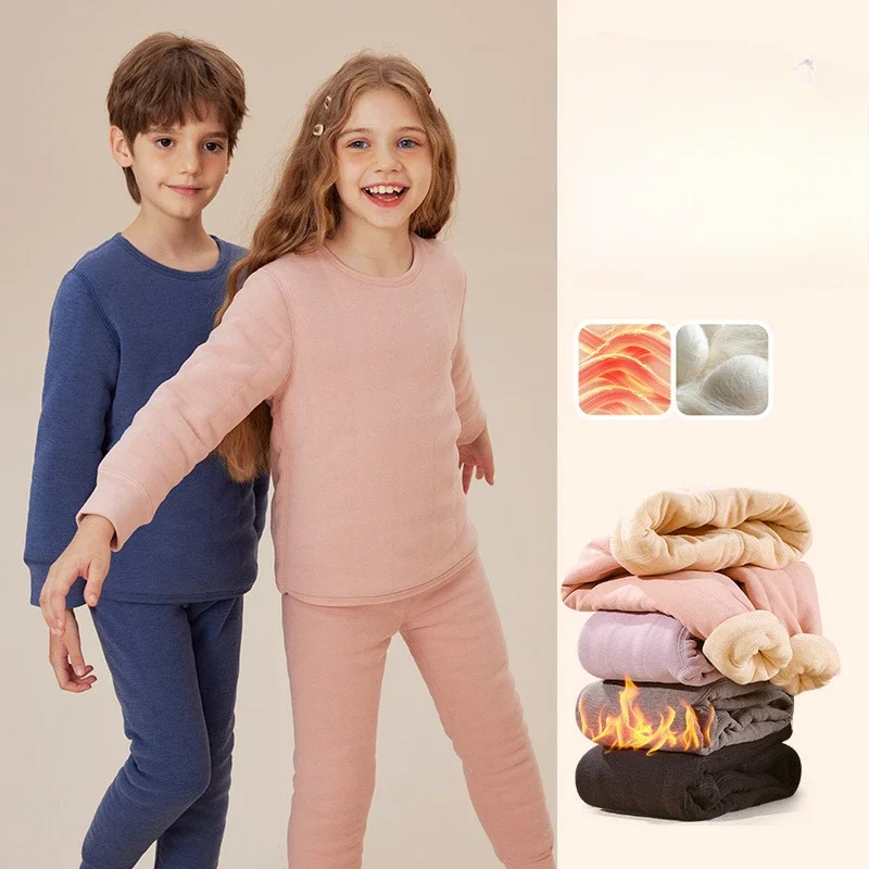 Autumn Winter Long Johns Padded Thicken Children Wool Thermal Underwear Set School Uniform Inner Wear Clothes Teen Kids Clothing