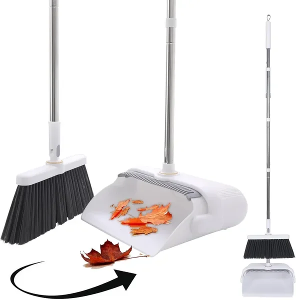 

Heavy Duty Broom and Standing Dustpan Combo Set, Rotatable Head Dust Pan and Brush Set with