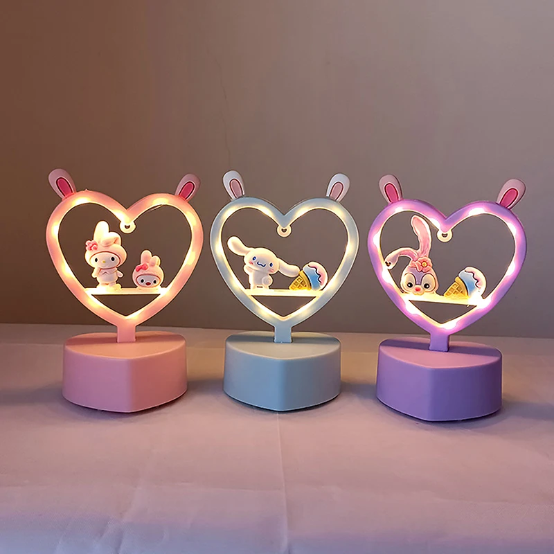 1Pc Sanrio Kawaii Nachtlampje Hartvormige Sfeer Lichte Slaapkamer Mini Decoratieve Lamp Verjaardagscadeaus Home Decor