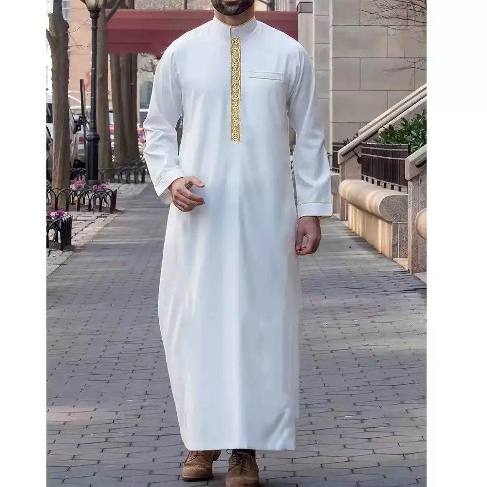 2025 Muslim Fashion Abayas for Men Solid Color Embroidery Long Robe Men Jubba Thobe Saudi Arab Musulman Shirts Islamic Clothing