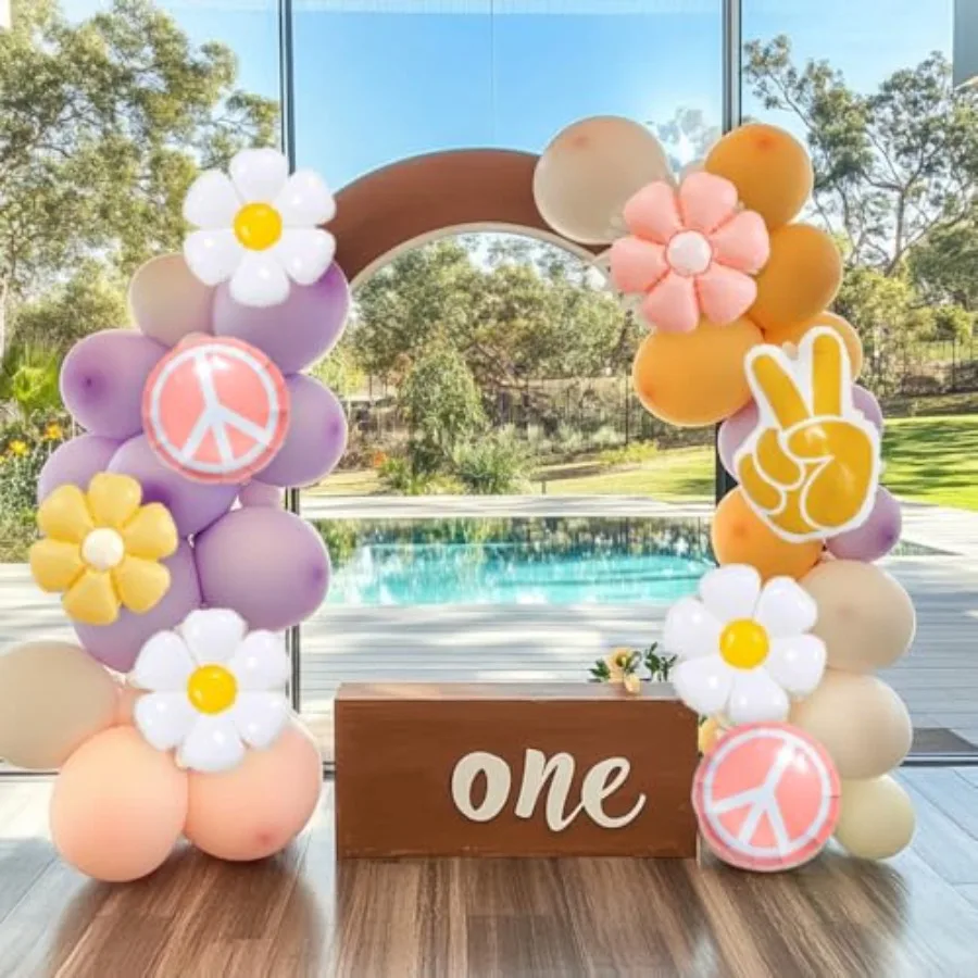 اثنين من رائع الهبي علامة السلام زهرة الأقحوان بالونات الزهرة البرية بوهو موضوع ديكور واحد رائع الطفل 5 خمسة هو فيبي عيد ميلاد 70s إعادة