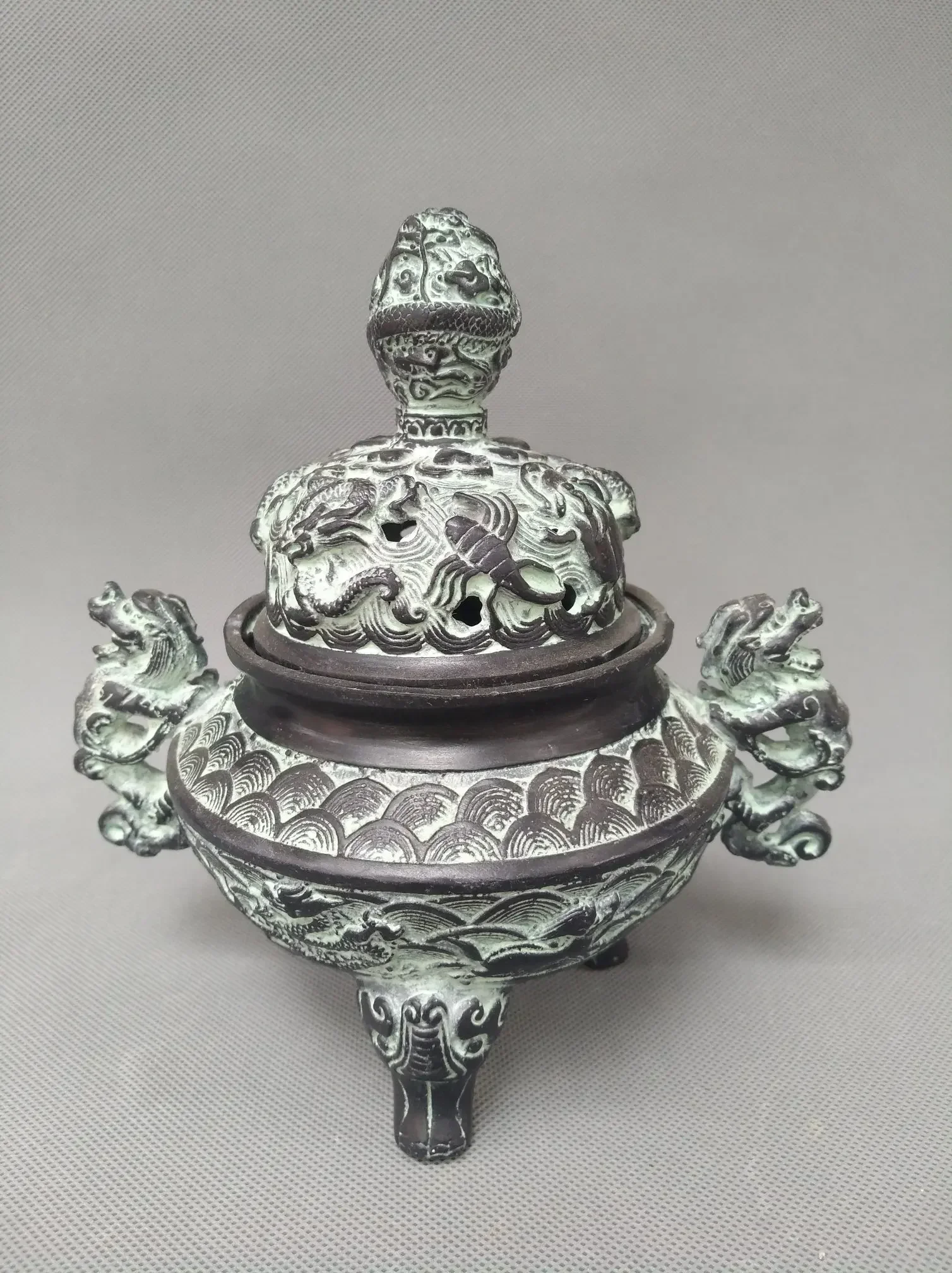 Chinese Ancient Bronze Dragon Beast Pattern Incense Burner Censer