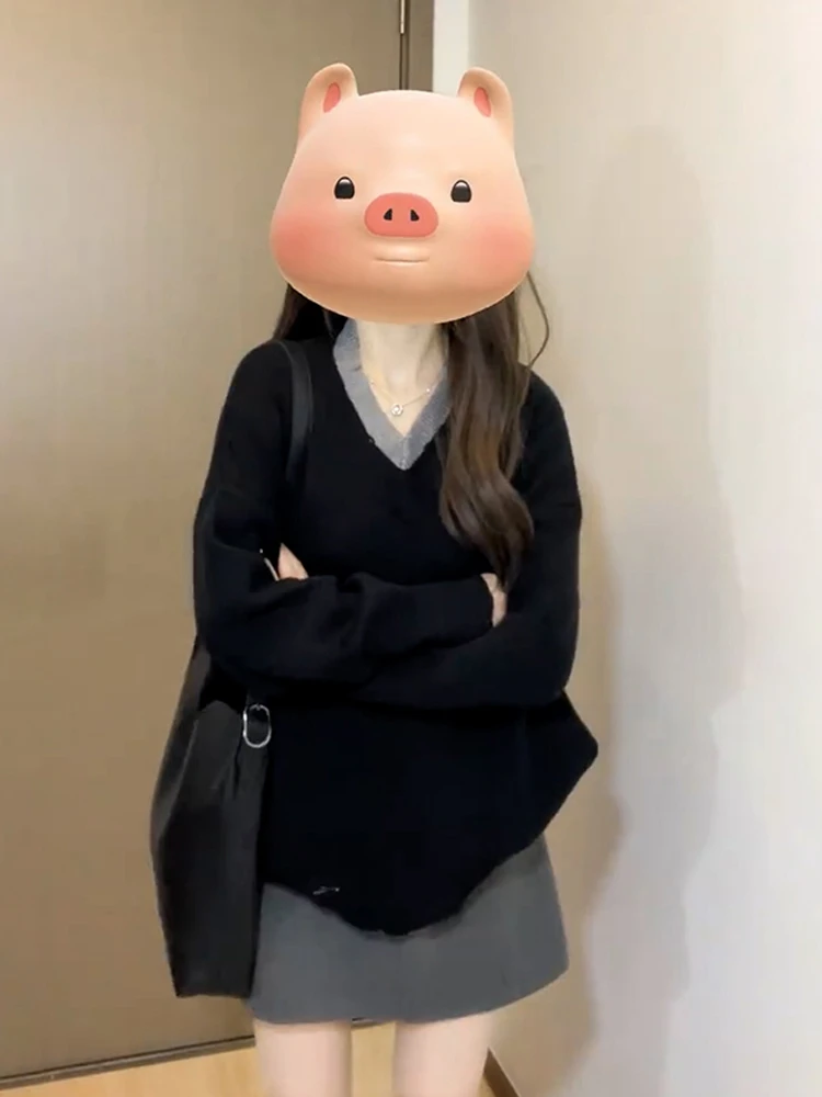 Lockerer V-Ne-Strickpullover für Damen, Herbst und Winter, Faion Lazy Sle Overhead Top, Bla, einteilige Freizeitkleidung für Teenager