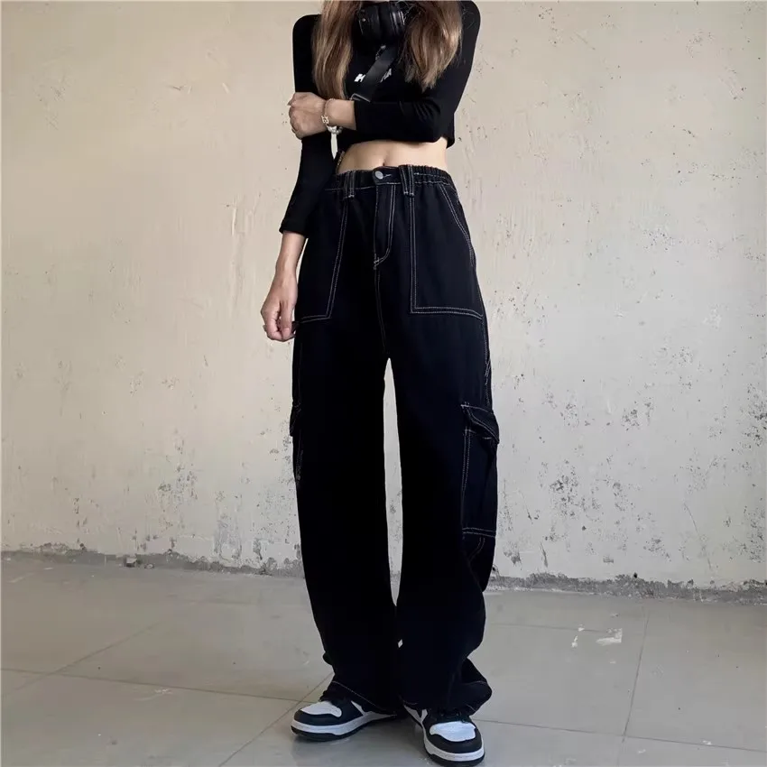 

Bright Line Black Jeans with Flap Pocket Cargo Jean Trouser y2k Pant women clothing high waist straight boyfriend