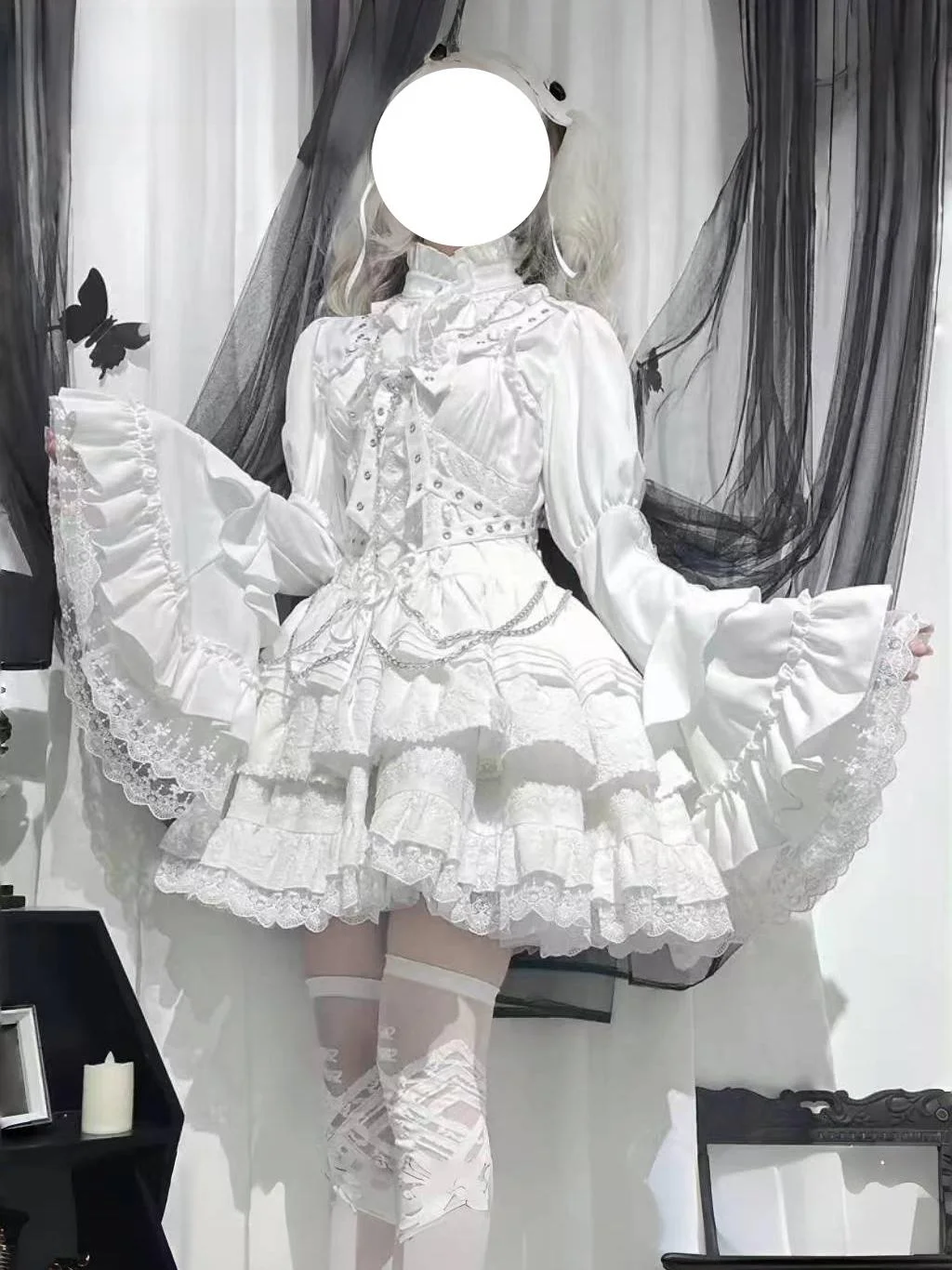 

Gothic Sle Lace Sve Inner irt loween k Fraance Bat Motion LoliTa Base irt Полиэфирное волокно Long Sve Regula...