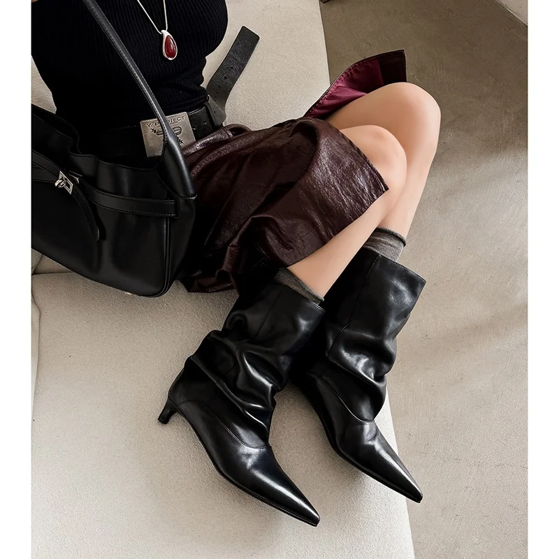Winter 2027 Fashion Genuine Leather Pleated Short Boots Pointy Toe Med Kitten Heels Young Lady Modern Woman Ankle Boots Dress - view 5