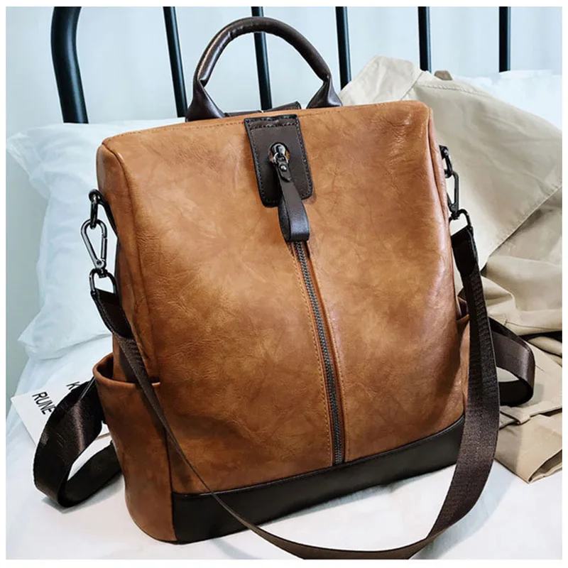 Vintage Women Leather Backpack Multifunction Soft Shoulder Bag For Female Big Bookbag Travel Bag Patch Sac A Dos Mochila XA279H