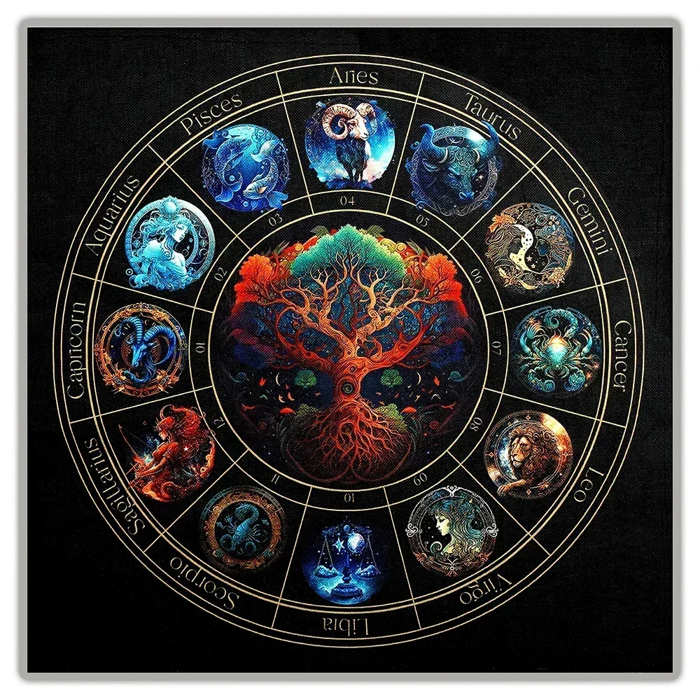 Tarot Altar Cloth with Zodiac Signs and Tree of Life Celestial Tarot Deck for Tarot and Oracle Card Readings