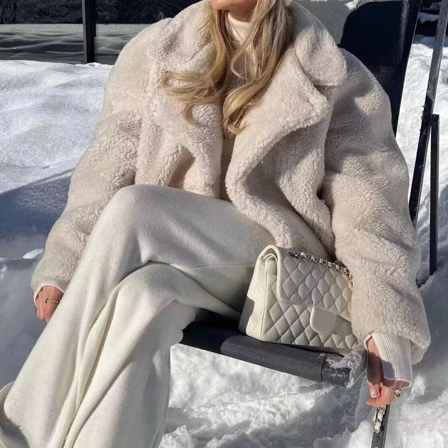 فضفاض القمح سبايك الفراء Jaet الشارع Sle المرأة Faion شخصية مزاجه ملابس خارجية طويلة Sve زر إغلاق