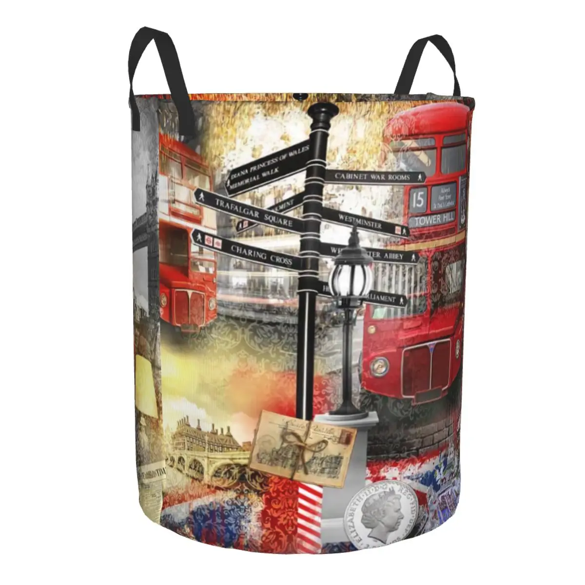 British London Red Bus Laundry Basket Collapsible England Scenery Retro Style Clothing Hamper Toys Organizer Storage Bins