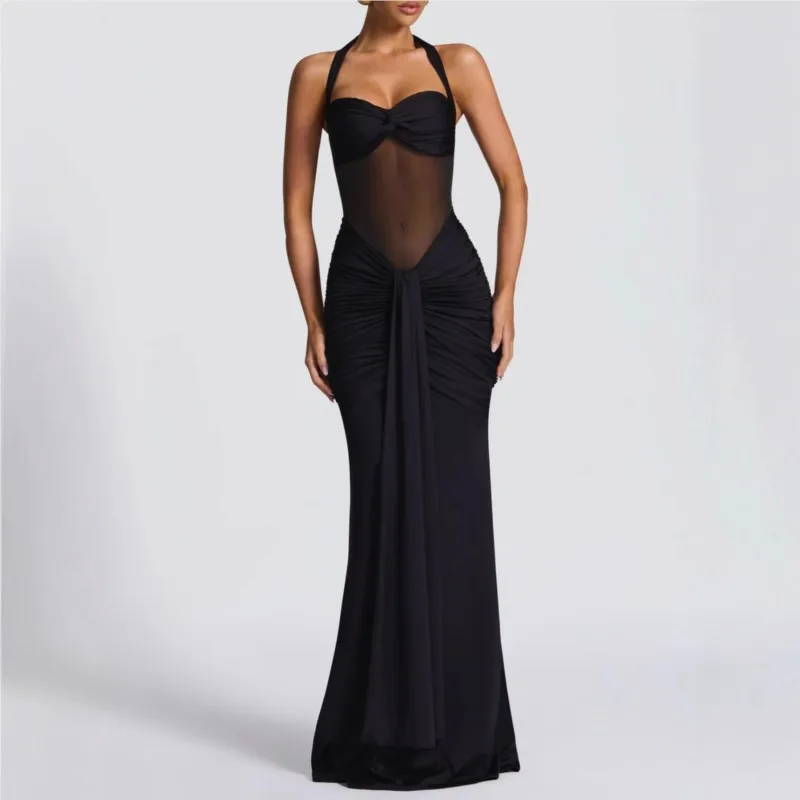 

Sexy Halter Maxi Dress Women Fashion Patchwork Off-shoulder Sleeveless Backless Ruched Draped Bodycon Party Clubwear Vestidos