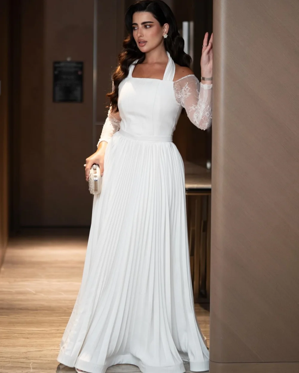 

Customized Modern Style Classic Jersey Lace Pleat A-line Halter Long Dresses Bespoke Occasion Dresses Fashion Sizes Available