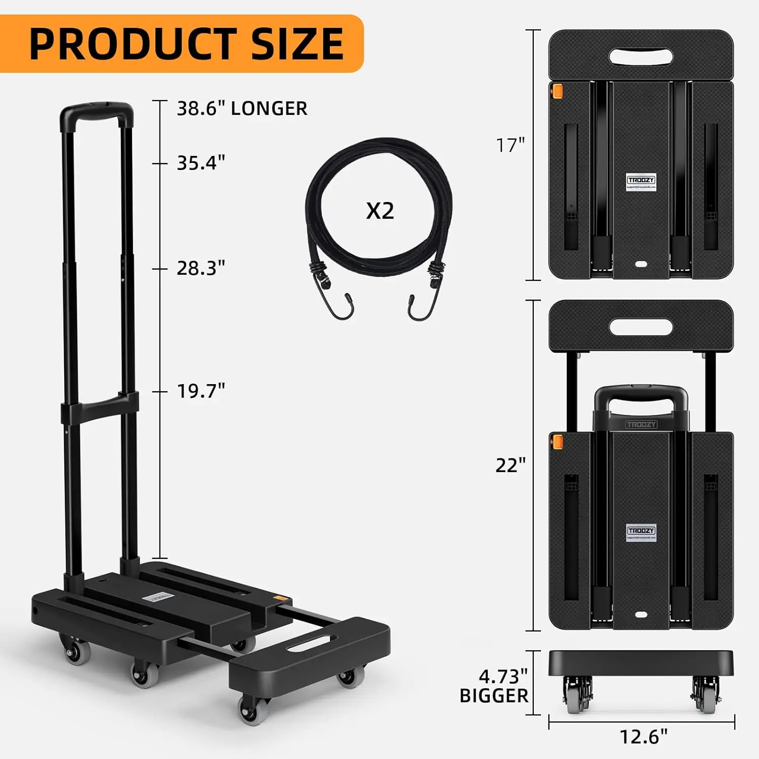 Folding Hand Truck, 500 LB Heavy Duty Luggage Cart, Utility Dolly Platform Cart with 6 Wheels & 2 Elastic Ropes for Luggage