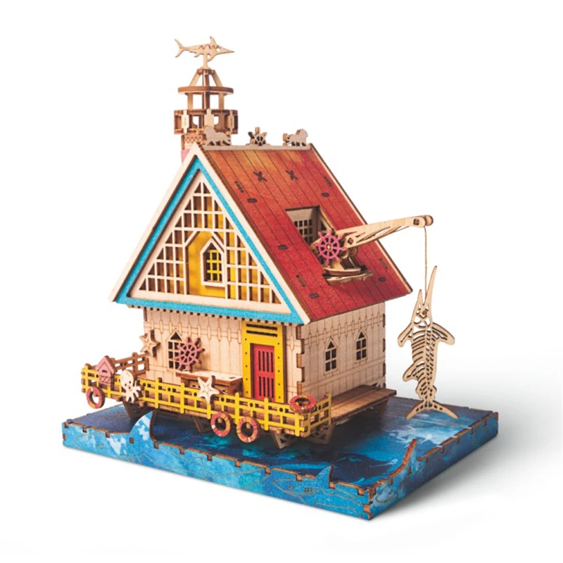 

3D Wooden Puzzle Old Man and Sea Casa Model Building Kits Famous Novel Villa Jigsaw Puzzles with Light Toys for Children Gifts