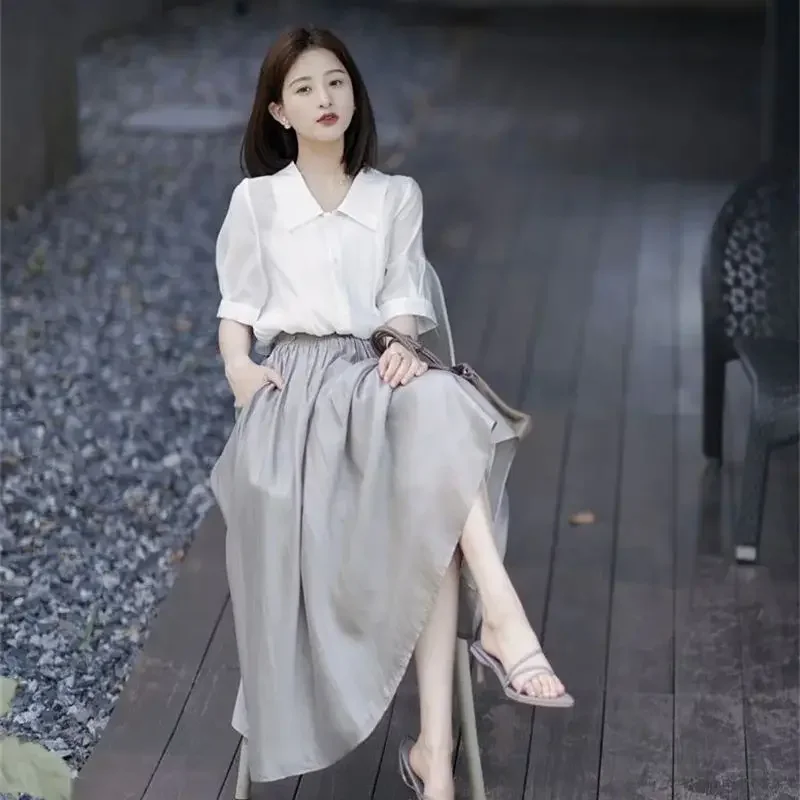 ใหม่ Elegant ฤดูร้อนกระโปรงผู้หญิงแฟชั่นเอวสูงสีทึบ Draped A-Line Midi กระโปรง Casual หลวม Flared Swing Jupe