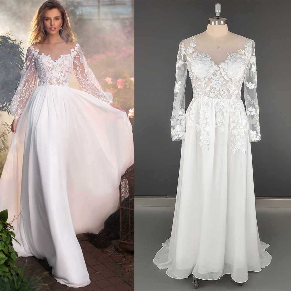 Illusion V-Neck Chiffon Lace Wedding Dress Customized Long Puffy Sleeves Pearls Transparent Back Rustic Beach Bridal Gowns