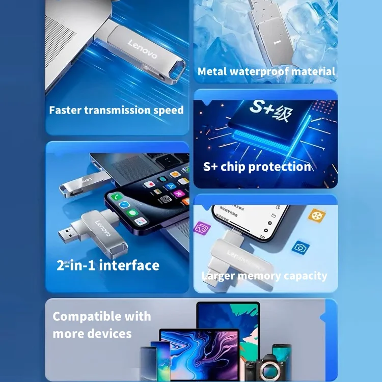 Lenovo แฟลชไดรฟ์ USB 3.0แฟลชไดรฟ์ปากกาโลหะ2 tb/ 1 tb/ 512G แฟลชความเร็วสูงกันน้ำแท่งหน่วยความจำขนาดเล็ก2TB U ดิสก์ไดรฟ์ปากกา