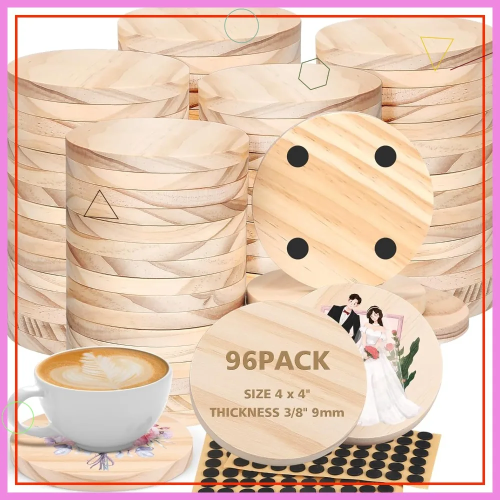 

96 шт. необработанных деревянных подставок под кружки, 4-дюймовые круглые, из бежевой сосны, с противоскользящими точками для защиты столешниц