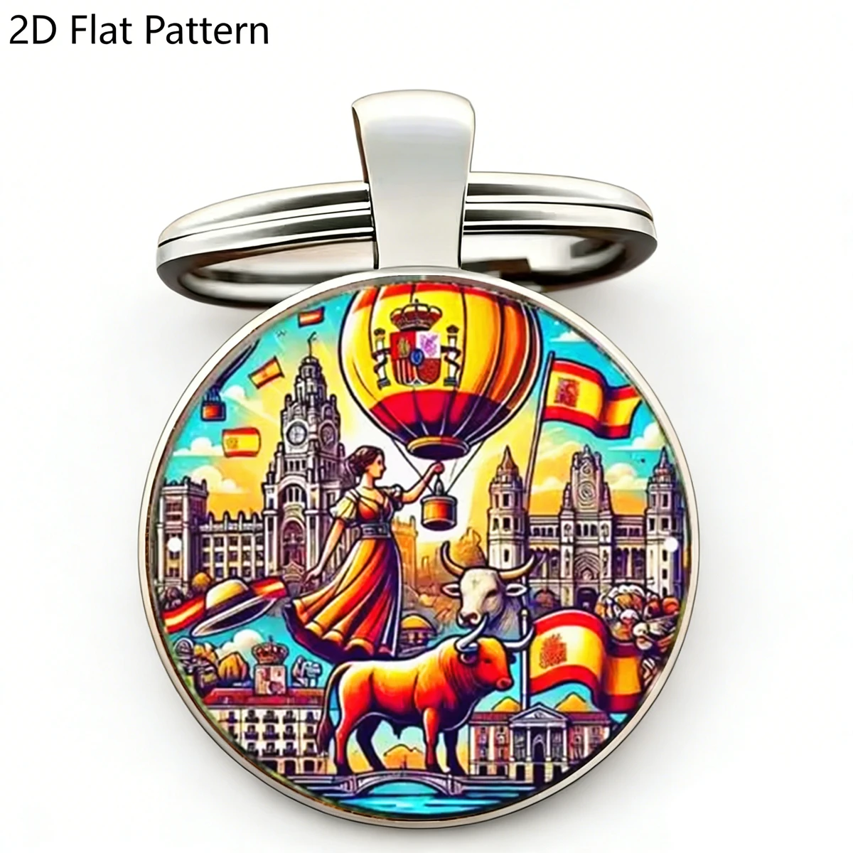 1 porte-clés Espagne - Porte-clés souvenir 2D avec drapeau espagnol et monuments culturels, fierté espagnole, culture flamenco, souvenir de voyage
