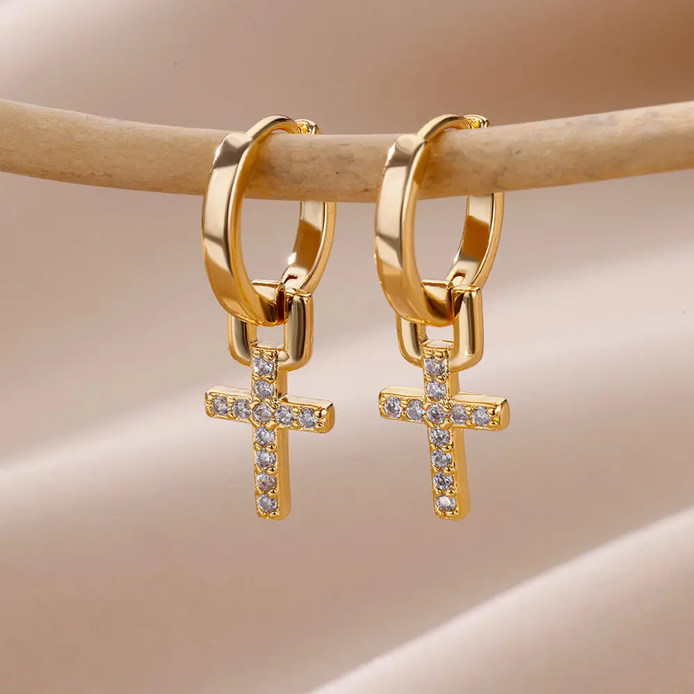 Zircon Cross Drop Earring for Women 2023 Gold Color Stainless Steel Earrings Luxury Ear Buckle Jewelry Wedding Gifts pendientes