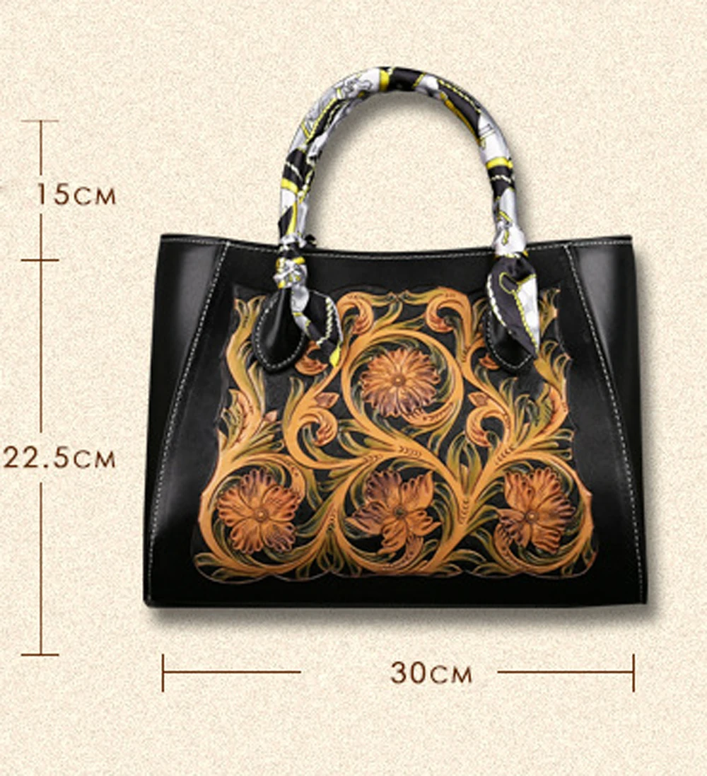 Temperament Antique Embossed Leather Fashion Women Bags Handmade Retro Cowhide High-Capacity Genuine Leather  Shoulder Bag