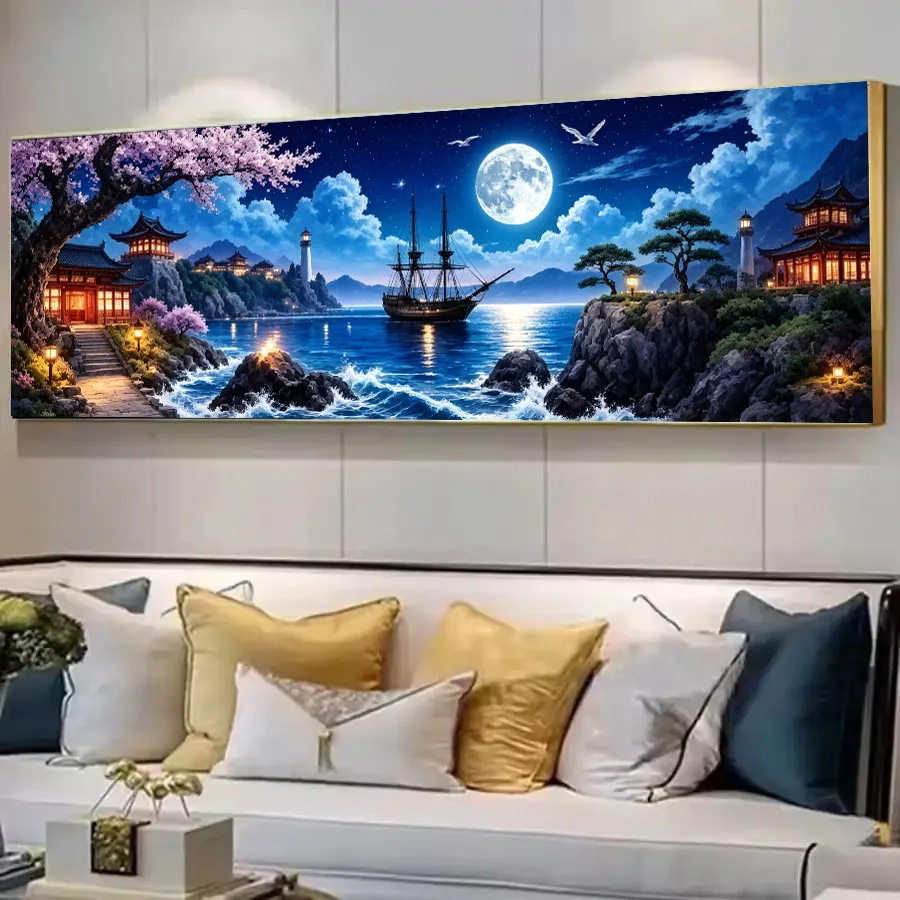 DIY Diamond Painting Seaside Lighthouse Boat Landscape Full Square Round Diamond Mosaic Handcrafted Decoration Cross-Stitch Kit
