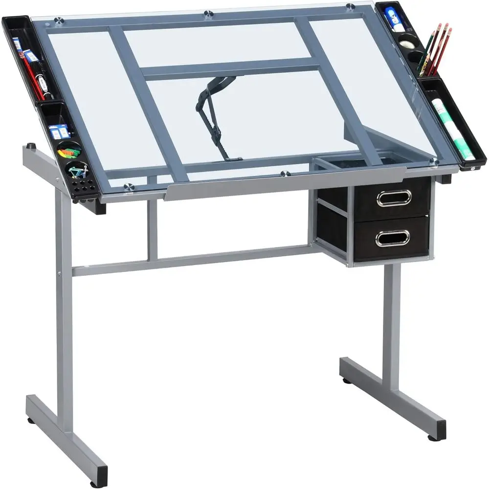 

Adjustable Glass Top Art Craft Station with 2 Rolling Wheels for Home Office or Painters