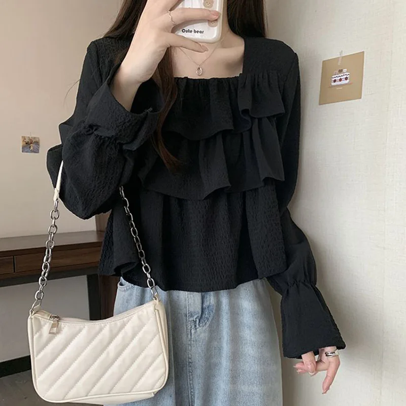 Fashion Square Collar Spliced Folds Ruffles Blouses Women\'s Clothing 2023 Autumn Winter Loose Sweet Tops Flare Sleeve Shirts