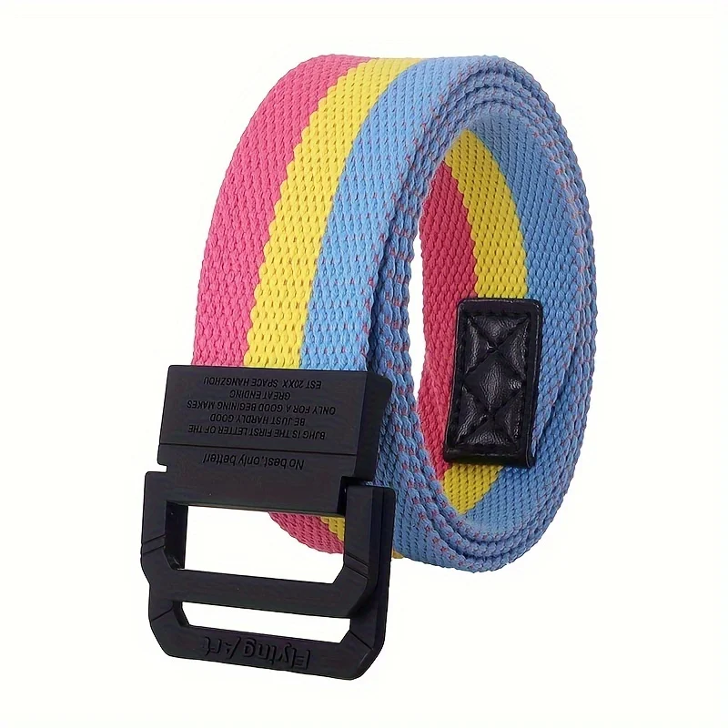 Siebenfarbiger Regenbogen-Canvas-Gürtel mit doppelter Ringschnalle für Damen und Herren, lässiger Hosengürtel – Detail 13