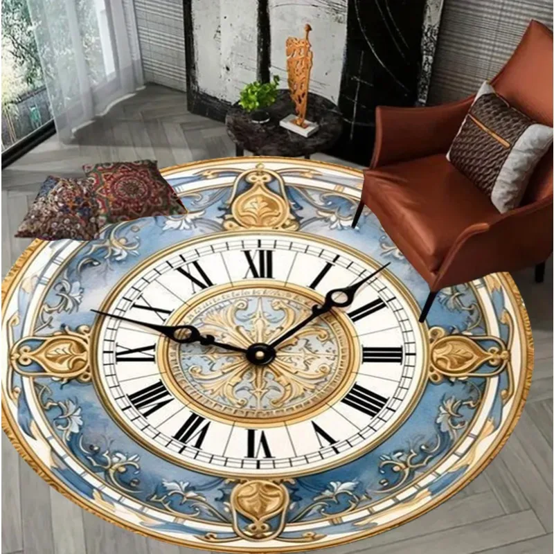 

Vintage Clock Design Round Carpet European Luxury Home Decor Area Rug Soft Non-slip Floor Mat for Living Room Bedroom