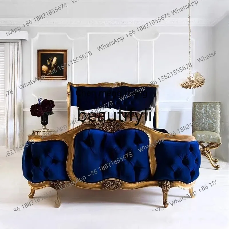 

A Vintage Carved Solid Wood Bed Retro Fabric Button Double Bed Master Bedroom Princess Bed