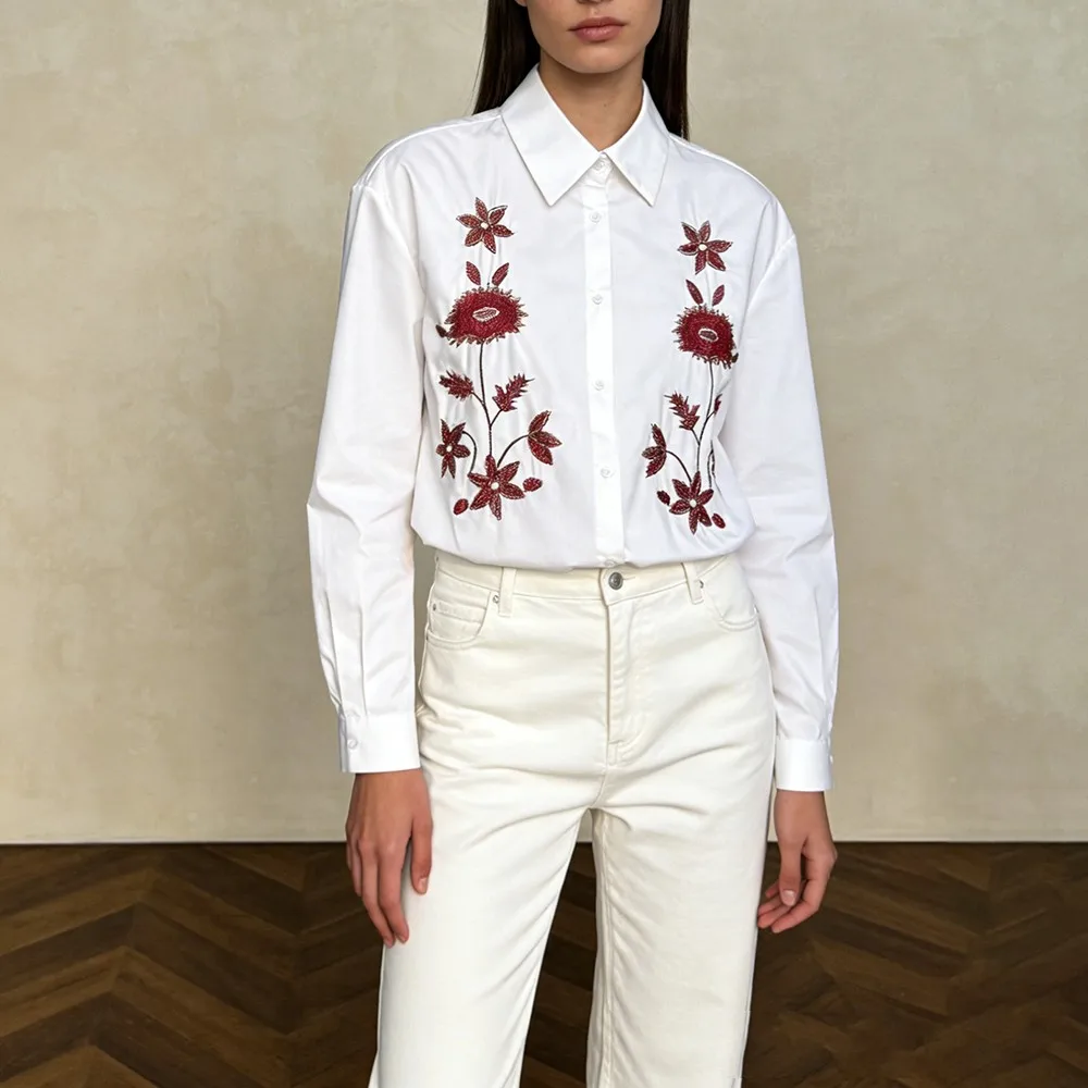 Twotwinstyle sólido emendado bordado básico camisa feminina lapela manga longa solta streetwear camisas femininas outono moda nova