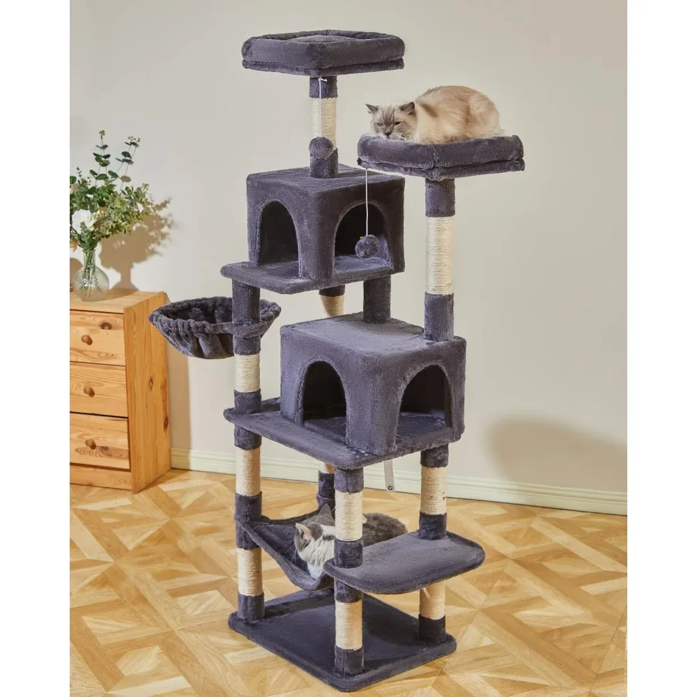 

Indoor cat tower, plush multi story cat apartment with grab columns, equipped with caves, hammocks, 2 plush balls, smoked gray