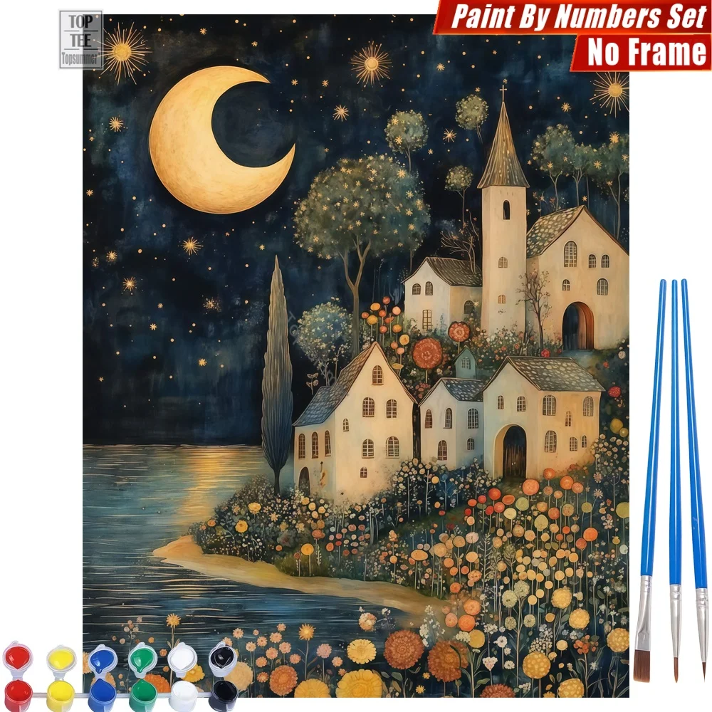 

Набор цифровых масляных красок Moonlit Lake House - декор для спальни в стиле Lake House Moon, подарок для мужа, подарок для дочери