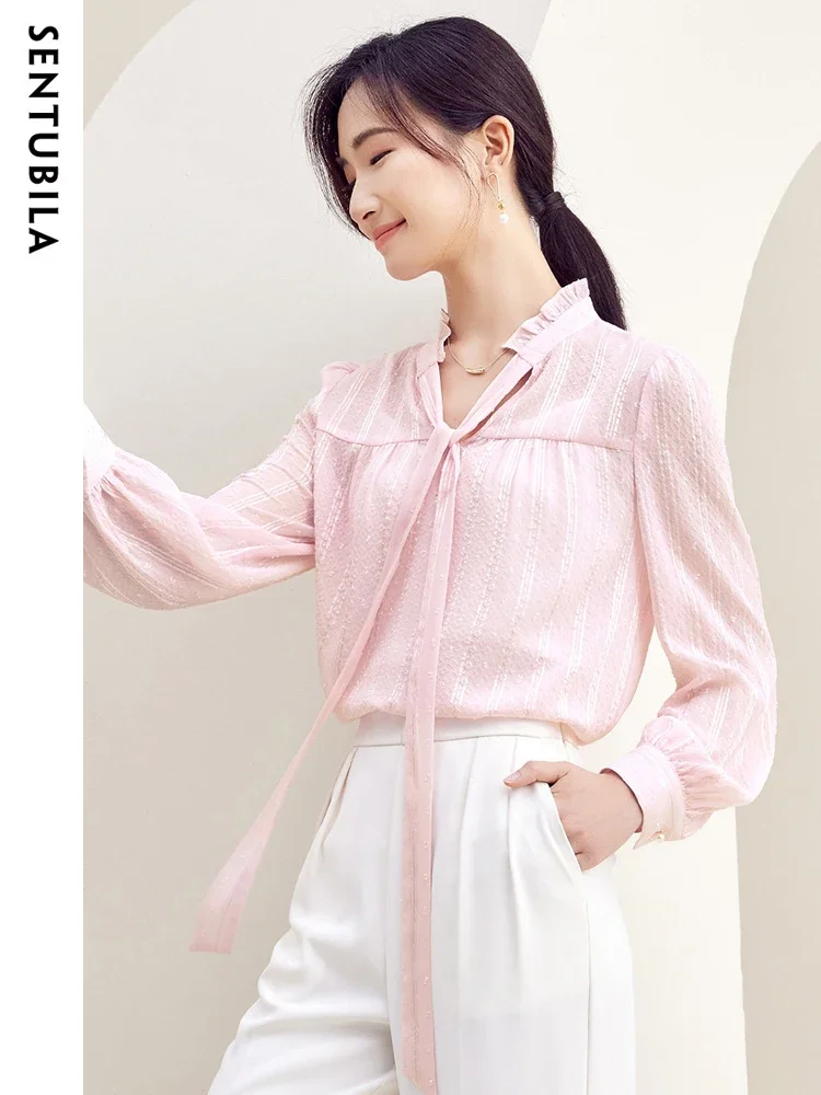 

SENTUBILA Fashion Woman Chiffon Blouse 2025 Gentle Lantern Long Sleeve Female Striped Ruffle Neck Lace-Up Shirt Tops 133V50804
