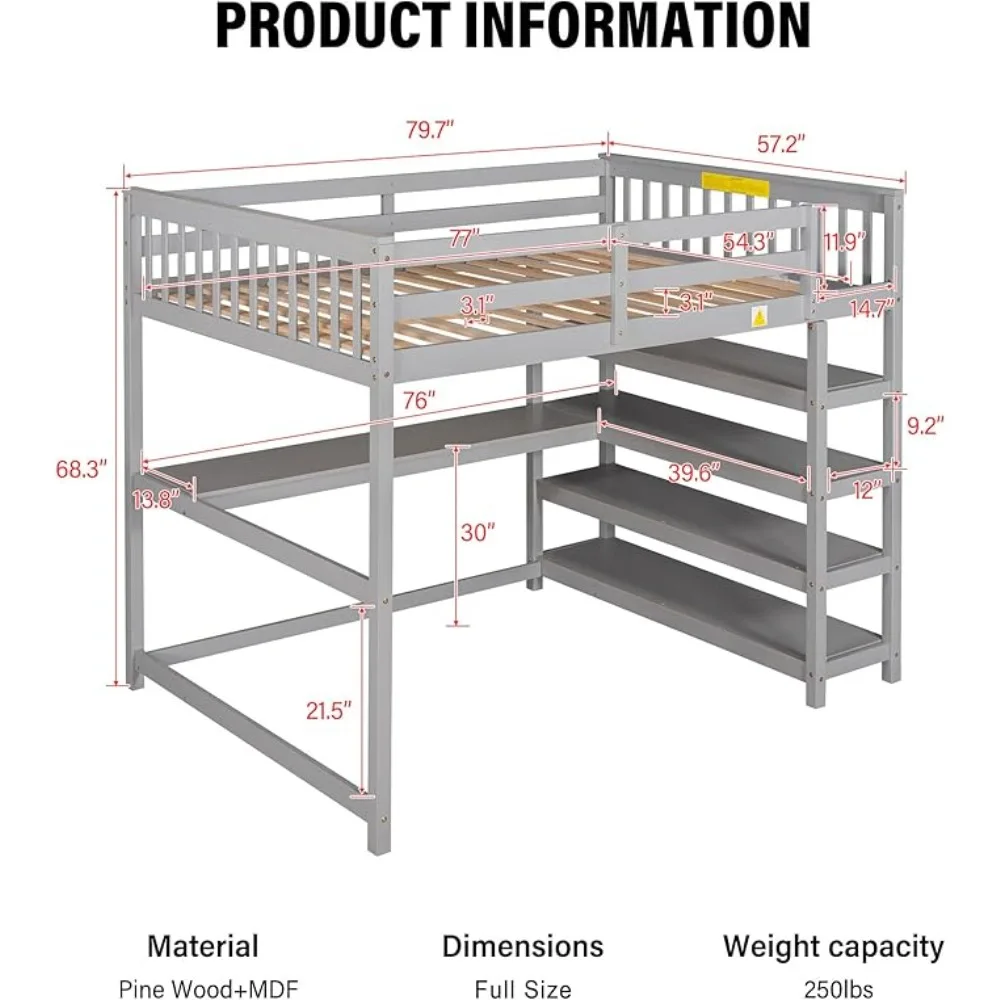 Wood Loft Bed with Desk Twin Size Loft with 4-Storage Shelves and Under Desk Solid Wood Bed, Suitable for bedrooms and children