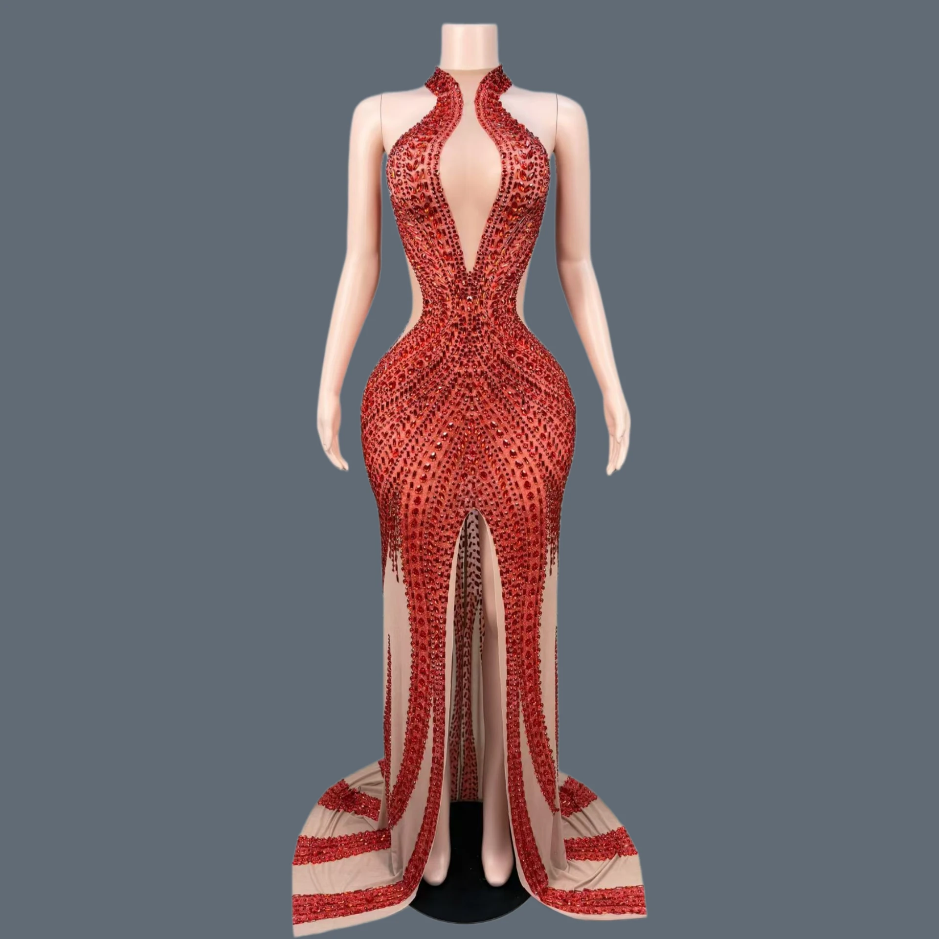 

Sparkly Rhinestone Mesh Mermaid Red Dress High Slit Train Gala Prom Red Carpet Elegant Long Formal Dress Evening Gown Chanjuan