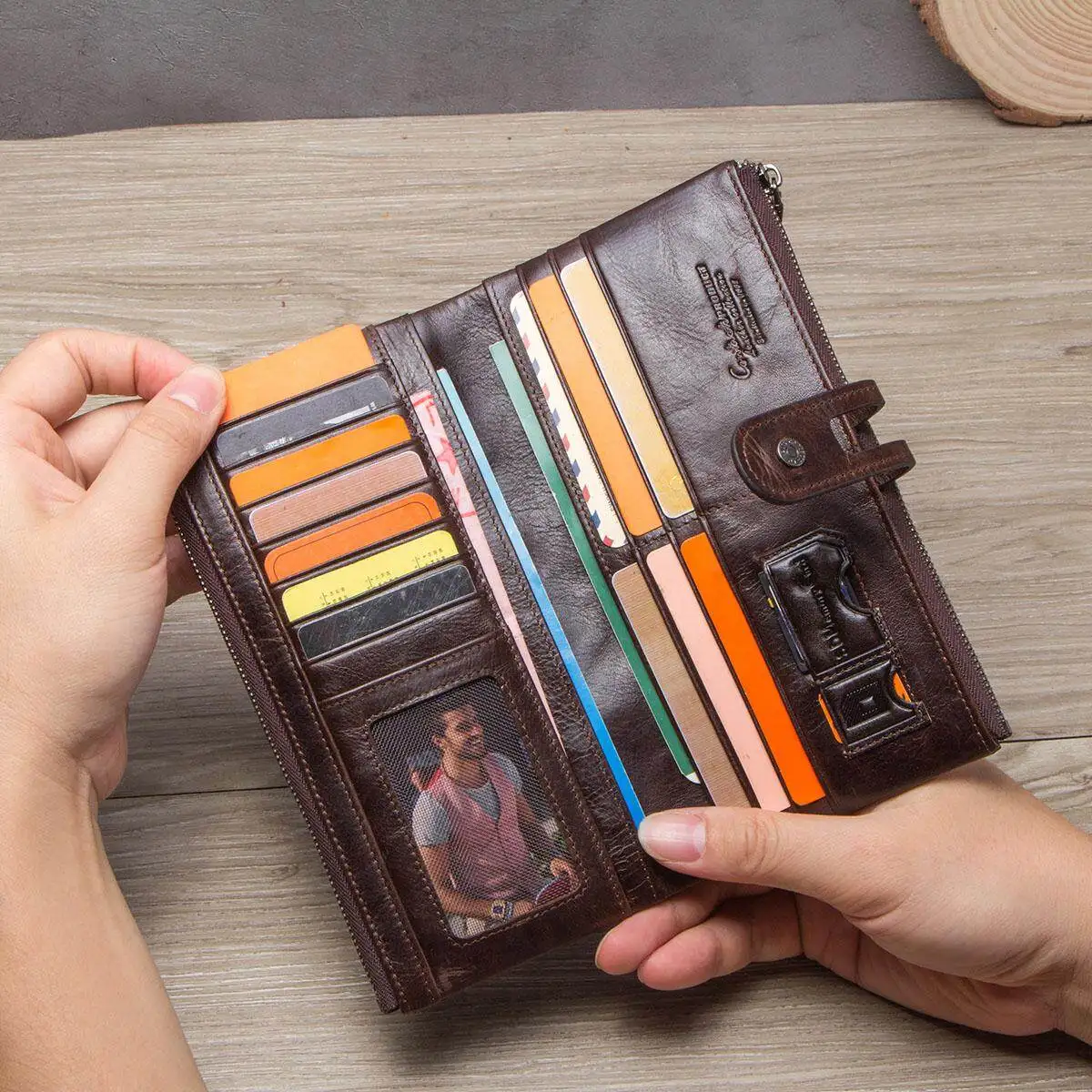 Genuine Leather Men Long Wallets Vintage Name Engrave Purse Card Holder Money Clip Coin Purse Phone Pocket Male Clutch Wallets