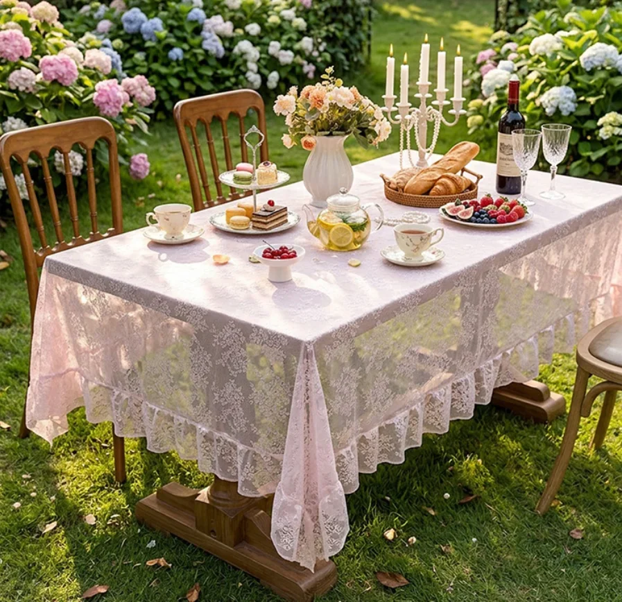 French Style Lace Tablecloth Vintage Hollow Out Floral Table Cover with Ruffled Edge for Wedding Party Home Decor Dining Table