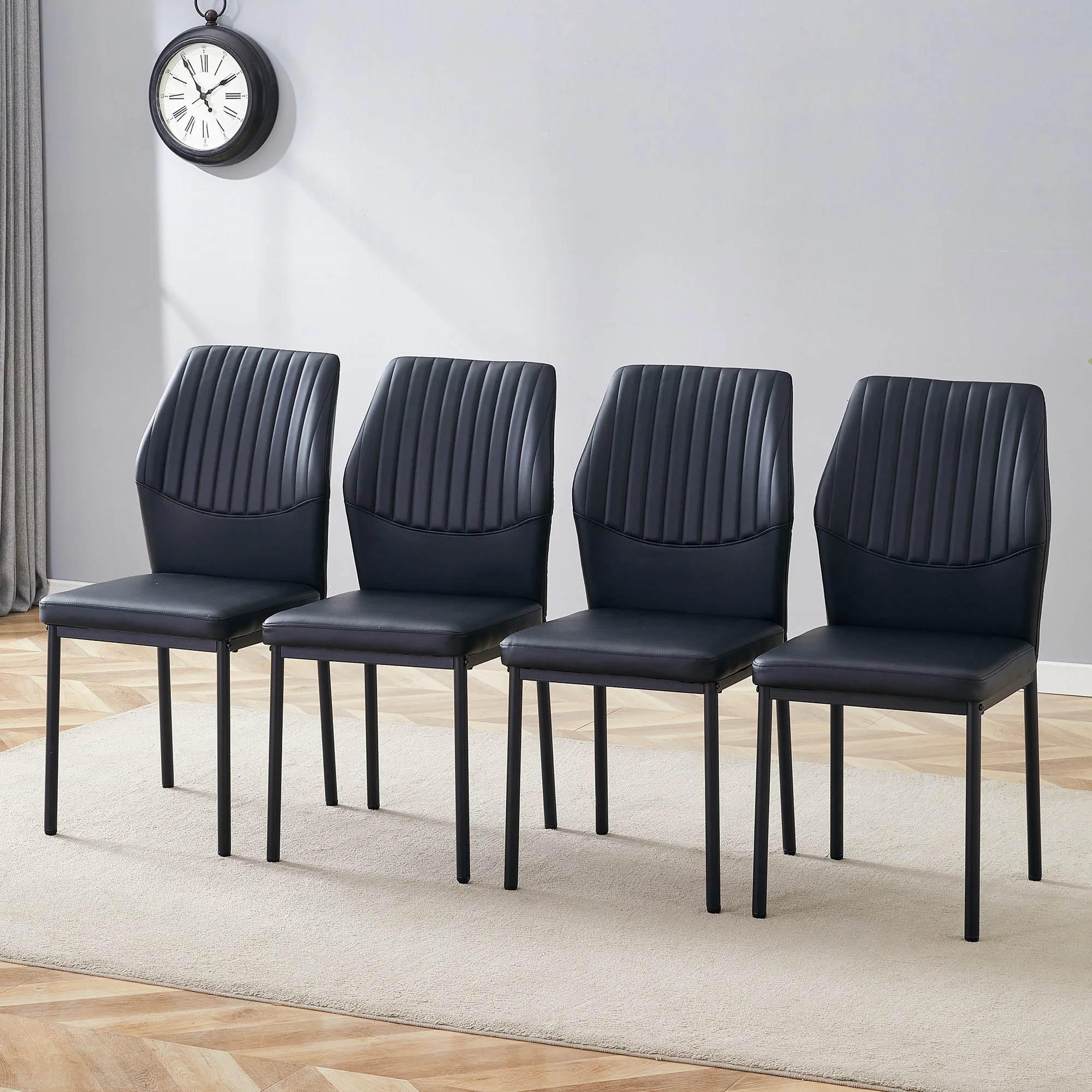 [Set de 4 piezas] Sillas de comedor de estilo lujoso y moderno: respaldo vertical con relieve en poliuretano negro y patas de metal negro, ideales para comedores o salones con un diseño moderno y